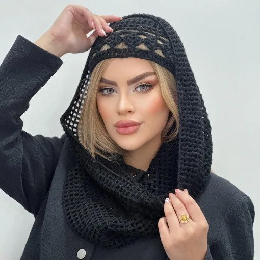 شال و کلاه قلاب بافی مشکی – مدل لاله