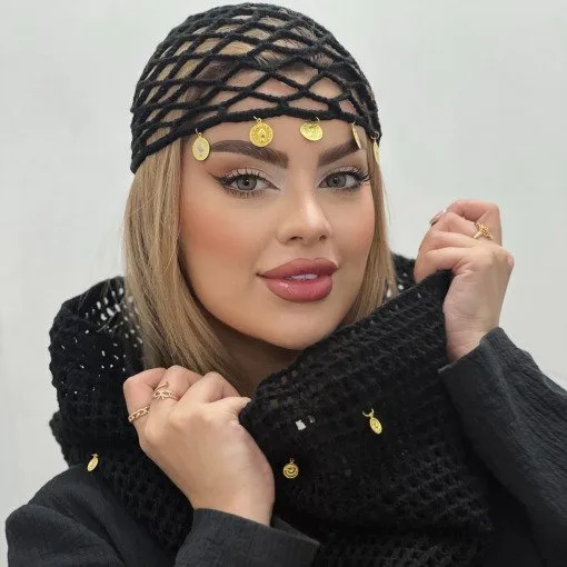 شال و کلاه قلاب بافی مشکی - کلاه توری