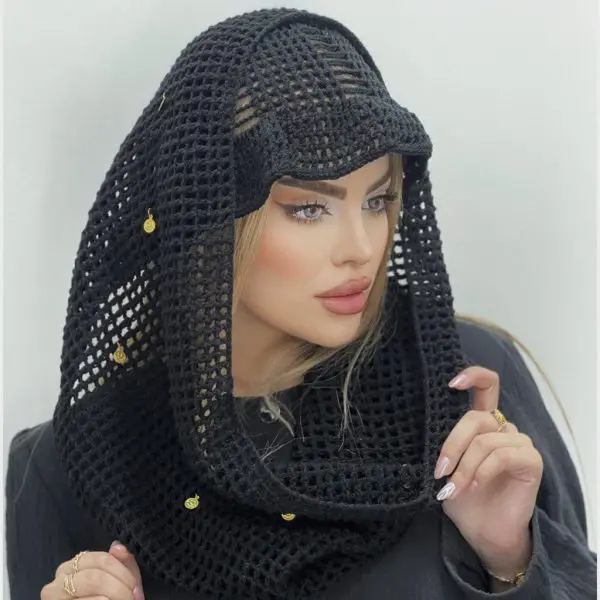 کلاه باکت و شال قلاب بافی مشکی(مدل چیندار)