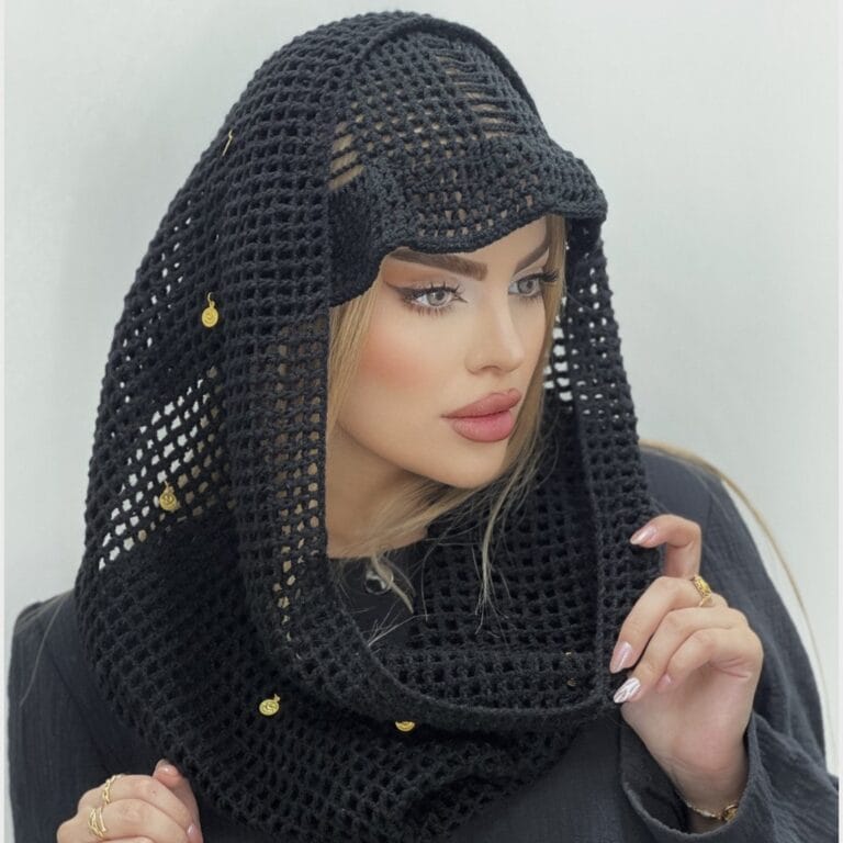کلاه باکت و شال قلاب بافی مشکی(مدل چیندار)