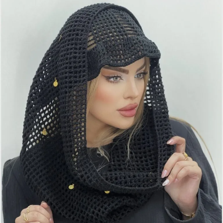 کلاه باکت و شال قلاب بافی مشکی(مدل چیندار)