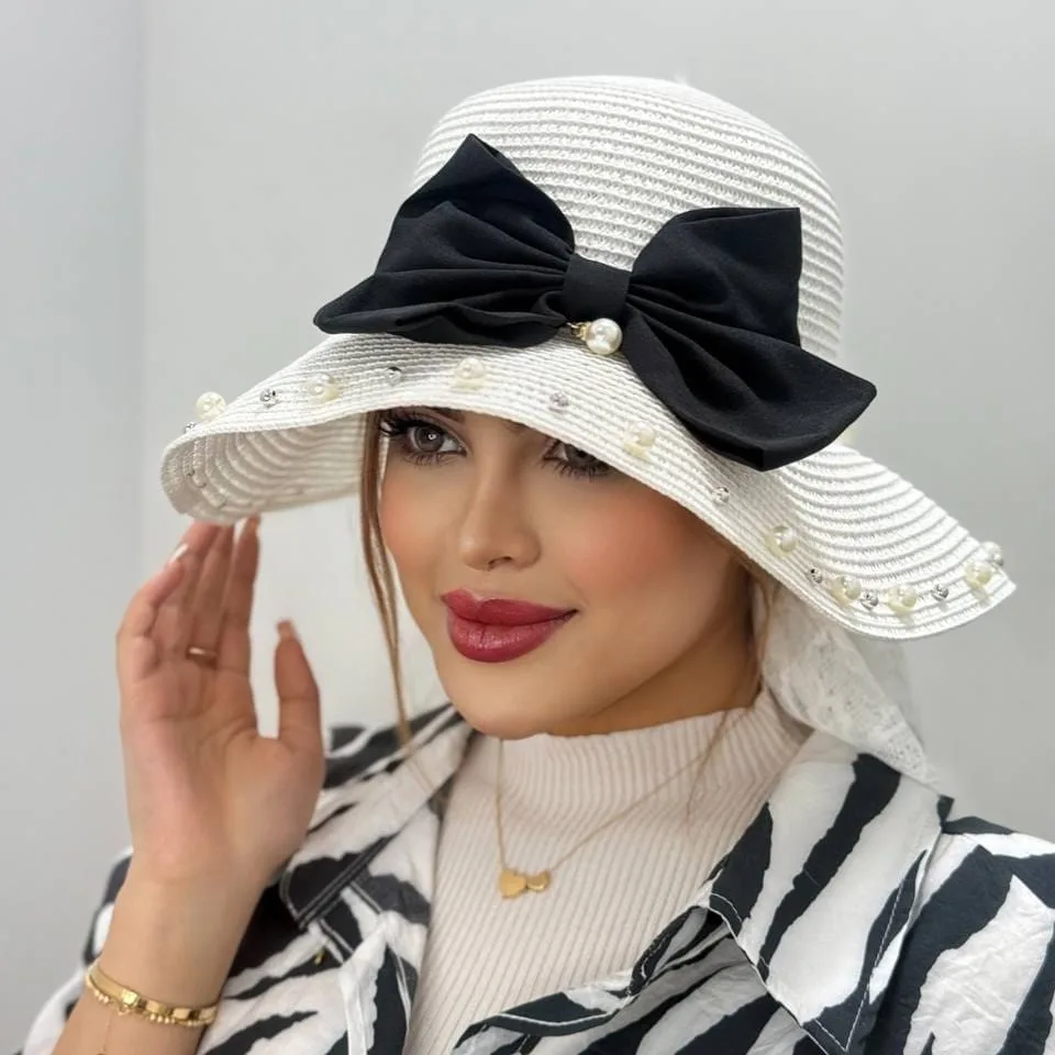 IMG_20250309_225004 کلاه ساحلی مرواریدی پاپیون مشکی