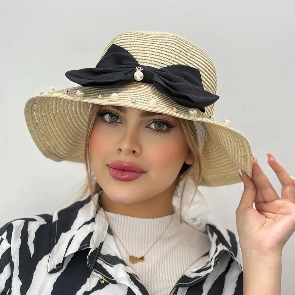 IMG_20250309_225012 کلاه ساحلی مرواریدی پاپیون مشکی