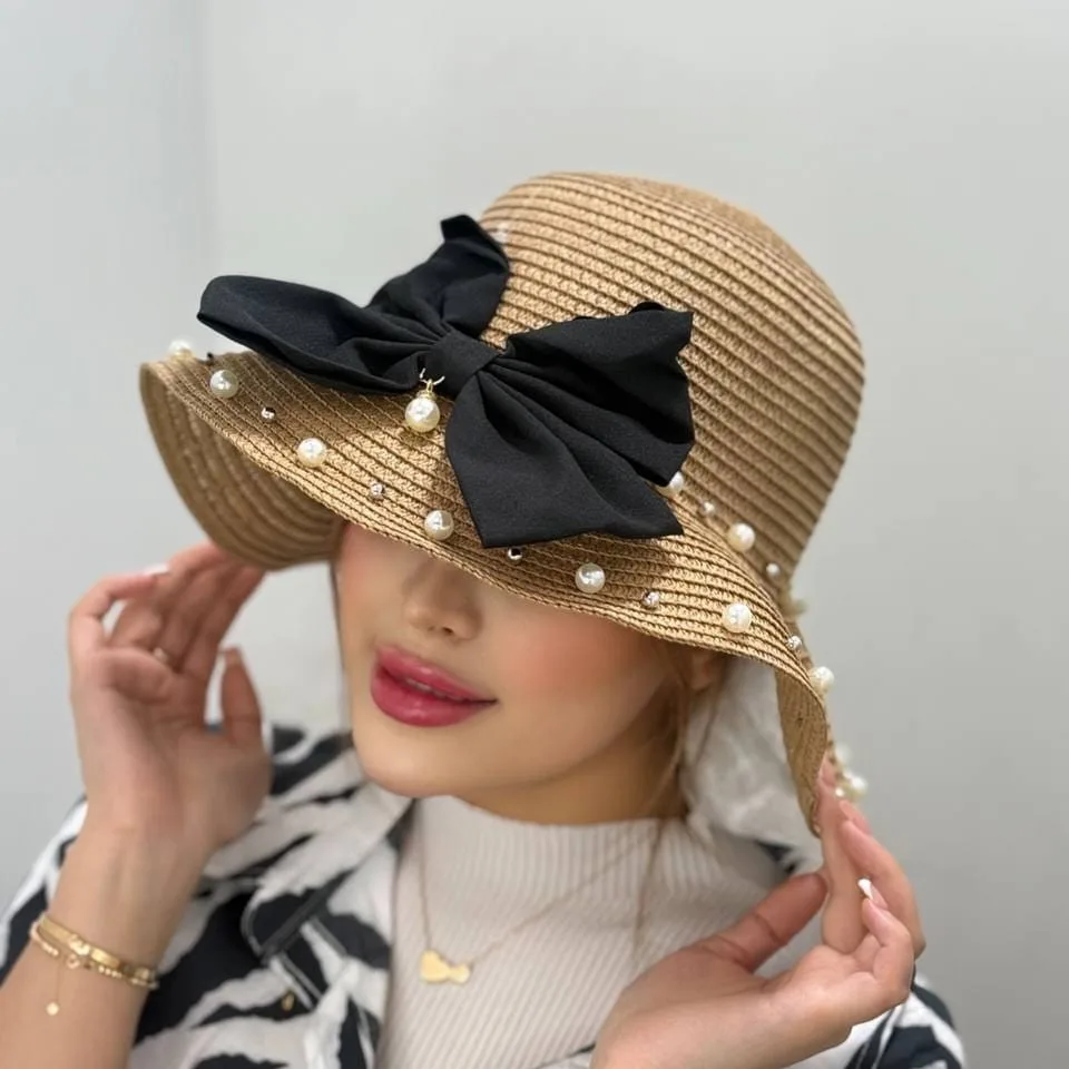 IMG_20250309_225019 کلاه ساحلی مرواریدی پاپیون مشکی