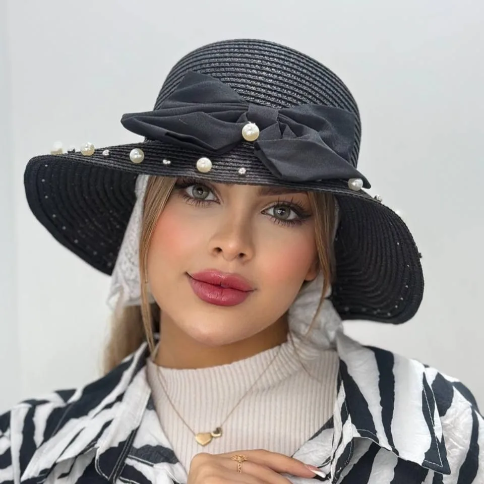 IMG_20250309_225027 کلاه ساحلی مرواریدی پاپیون مشکی