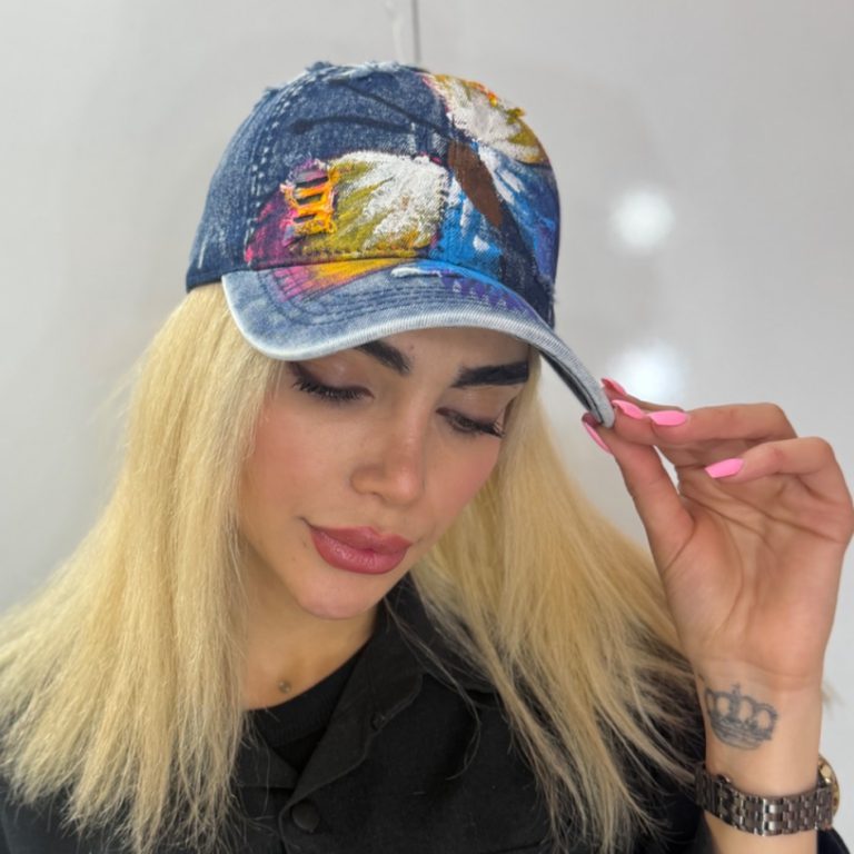 کلاه بیسبالی جین آبرنگی طرح پروانه
