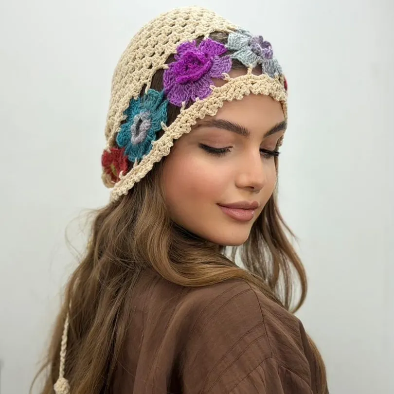 کلاه قلاب بافی شکوفه های رنگی